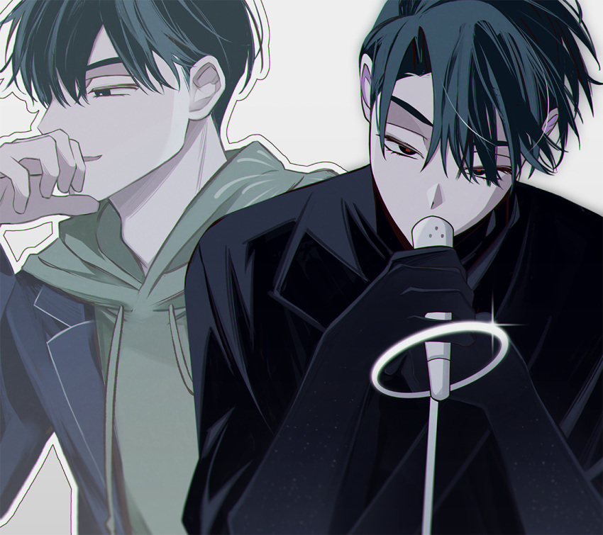 1boy, alien_stage, black_coat, black_eyes, black_gloves, black_hair, black_shirt, blue_coat