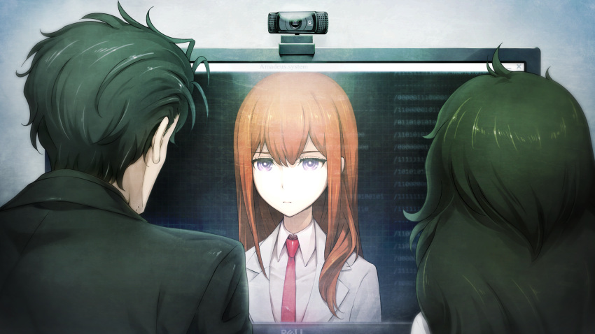 1boy, 2girls, ahoge, artificial_intelligence, beard_stubble, black_hair, black_jacket, breasts