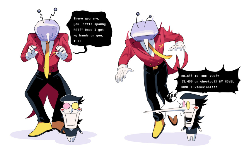 2boys, absurdres, ant_tenna, ardumon0, black_hair, black_pants, black_shirt, claw_pose, commentary, crt, deltarune, english_commentary, english_text, full_body, gloves, highres, male_focus, multiple_boys, multiple_views, necktie, object_head, pants, pointy_nose, shadow, shirt, shoes, short_hair, size_difference, spamton_g._spamton, speech_bubble, tailcoat, teeth, tripping, white_background, white_gloves, white_pants, yellow_necktie, yellow_shoes