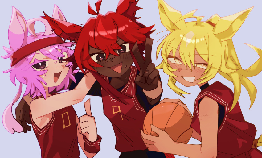 3girls, absurdres, ahoge, antenna_hair, ball, basketball_(object), basketball_uniform, blonde_hair, blue_background, breasts, brown_eyes, colored_eyelashes, comely_material_morning, commentary, dark-skinned_female, dark_skin, eyes_visible_through_hair, grin, hair_between_eyes, headband, highres, holding, holding_ball, horse_race_tests, humanization, izumi_ueno, lightning_strikes_thrice, long_hair, multiple_girls, open_mouth, pink_hair, ponytail, red_hair, red_headband, red_tank_top, resolute_mind_afternoon, simple_background, small_breasts, smile, sportswear, tan, tank_top, wristband, yellow_eyes
