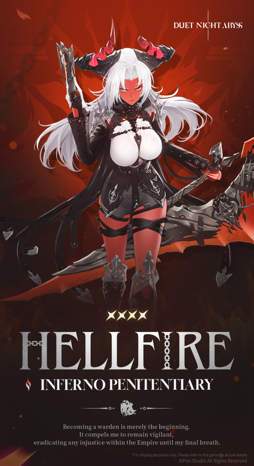belt, black_gloves, black_horns, boots, breasts, broken_horns, colored_skin, demon_girl, demon_horns, demon_tail, duet_night_abyss, gloves, gun, hellfire_(duet_night_abyss), highres, holding, holding_gun, holding_sword, holding_weapon, horns, huge_weapon, large_breasts, long_hair, looking_at_viewer, multicolored_horns, official_art, red_horns, red_skin, shoulder_pads, sword, tail, thigh_strap, weapon, white_hair, yellow_eyes, yonesdraws