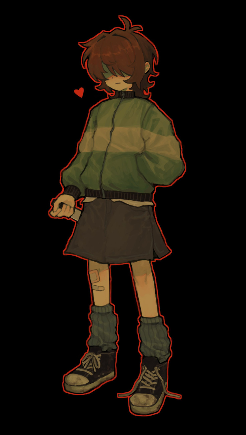 1other, absurdres, adapted_costume, androgynous, bandaid, bandaid_on_leg, black_background, black_shoes, black_skirt, brown_hair, closed_mouth, commentary, deltarune, english_commentary, full_body, green_jacket, grey_leg_warmers, hair_over_eyes, hand_in_pocket, heart, highres, holding, holding_knife, jacket, knife, kris_(deltarune), leg_warmers, long_sleeves, medium_hair, other_focus, outline, red_outline, shoes, simple_background, skirt, sneakers, solo, sunny_sakana, untied_shoelaces