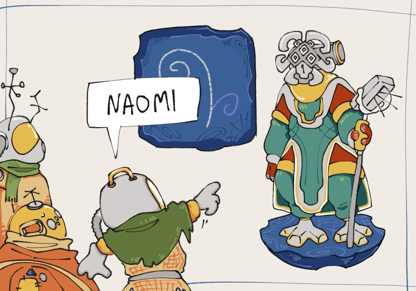 4others, meme, multiple_others, nomai, not_what_i'm_called_(meme), outer_wilds, pointing, riebeck_(outer_wilds), sapiserket, solanum_(outer_wilds), speech_bubble, staff, standing