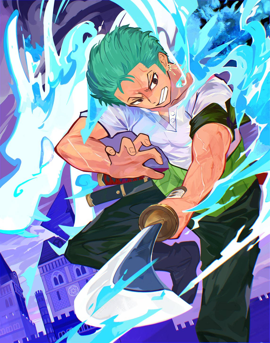 1boy, ab-ten, bandana_around_arm, black_pants, clenched_teeth, commentary_request, earrings, green_hair