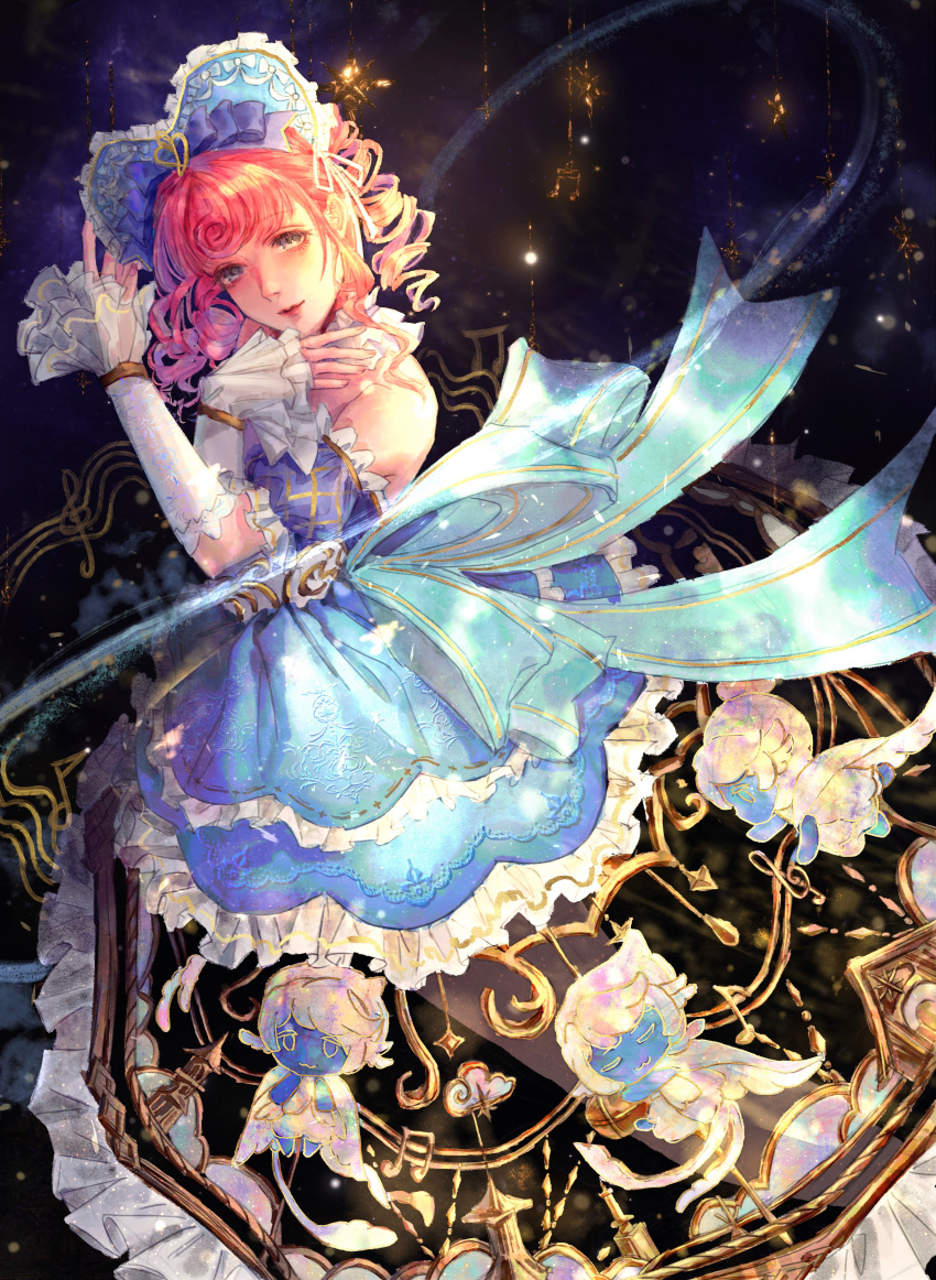 1girl, absurdres, aqua_bow, argyle_clothes, argyle_sleeves, back_bow, bare_shoulders, black_background