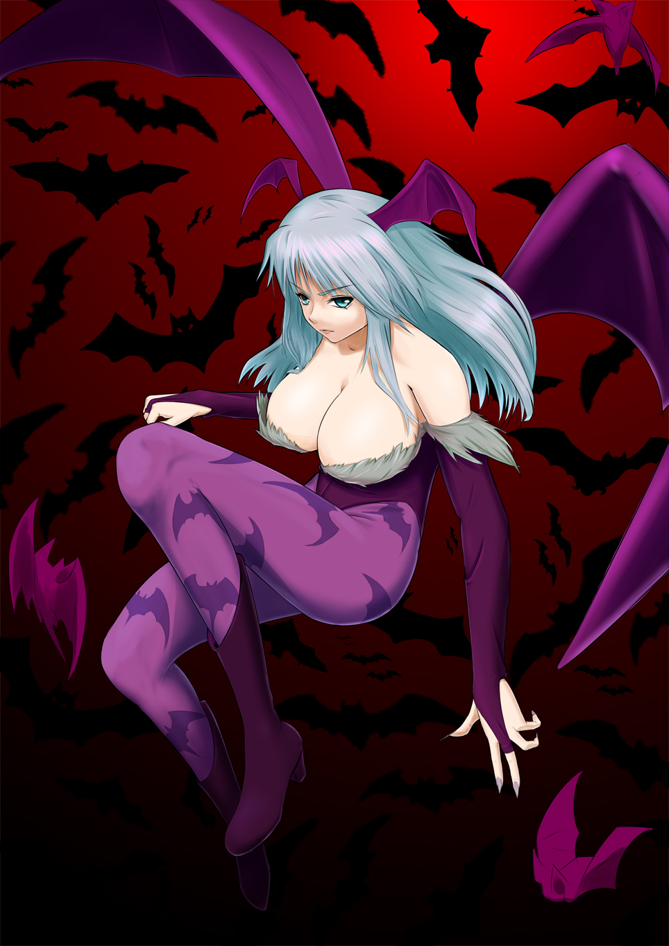 aqua_hair, bare_shoulders, bat, bat_wings, boots, breasts, bridal_gauntlets, capcom, cleavage, darkstalkers, demon_girl, elbow_gloves, fingerless_gloves, fingernails, gloves, green_eyes, head_wings, high_heels, highres, large_breasts, legs, leotard, lipstick, long_fingernails, long_hair, long_legs, morrigan_aensland, nail_polish, pantyhose, shoes, solo, succubus, teresa007, thighs, vampire_(game), wings
