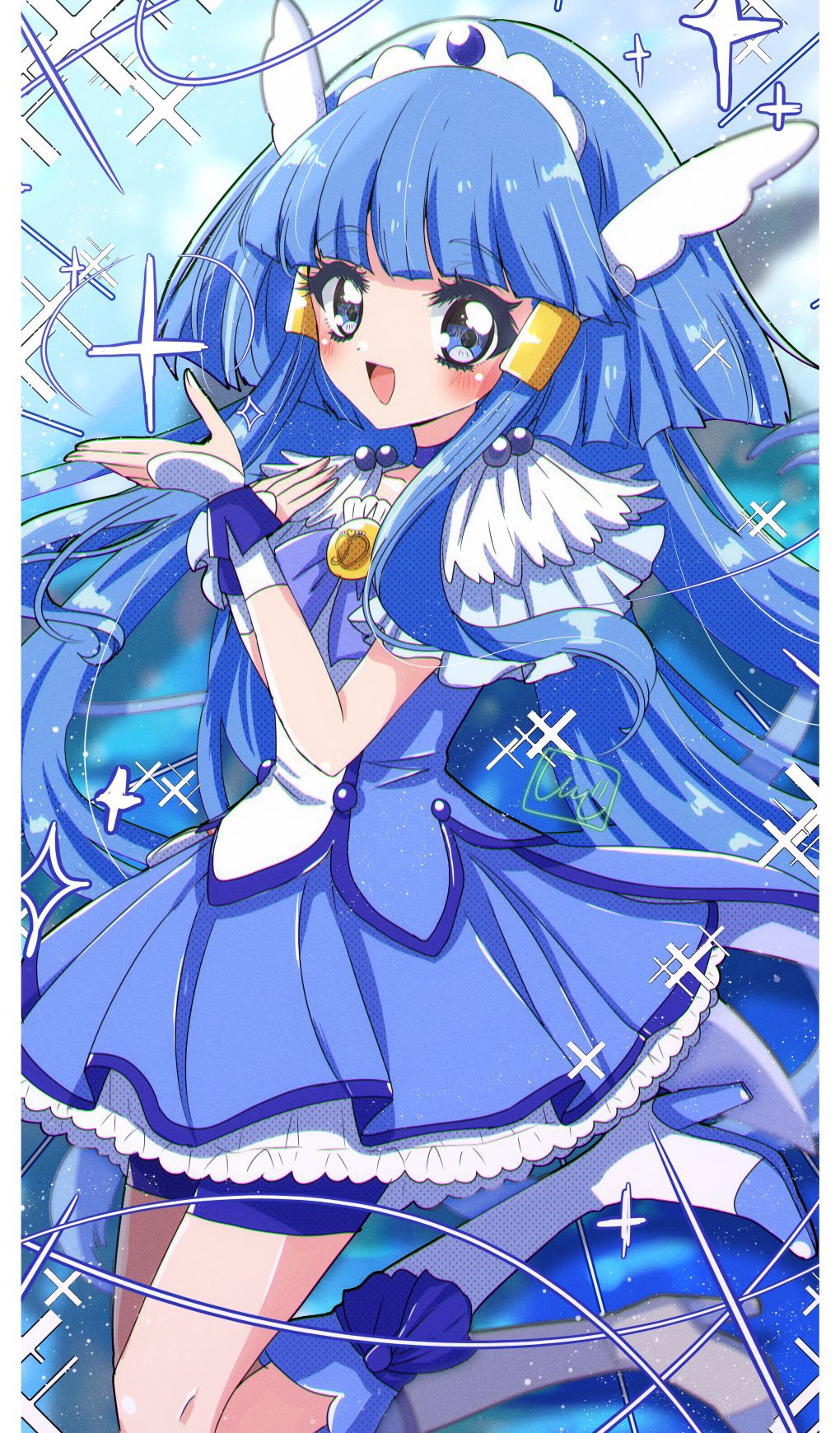 1girl, aoki_reika, blue_bow, blue_bowtie, blue_choker, blue_eyes, blue_hair, blue_shirt