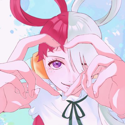 1girl, a_maru_8911, black_ribbon, dress, eyelashes, four-finger_heart_hands, hair_over_one_eye, hashtag-only_commentary, headphones, heart, heart_hands, looking_at_viewer, lowres, neck_ribbon, one_piece, one_piece_film:_red, red_hair, ribbon, smile, solo, twintails, upper_body, uta_(one_piece), violet_eyes, white_dress, white_hair