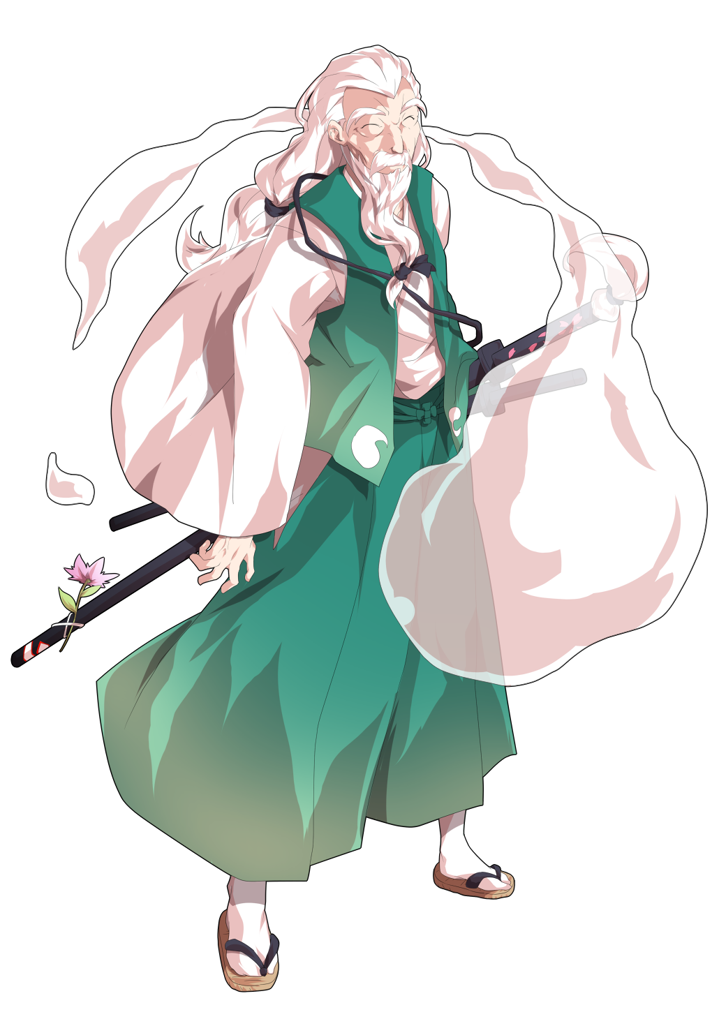 1boy, alphes_(style), closed_mouth, commentary_request, dairi, facial_hair, flower, full_body