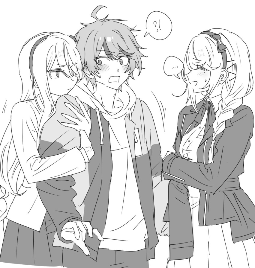 !?, ..., 1boy, 2girls, ahoge, arm_hug, blush, bow_hairband, braid, closed_eyes, collared_shirt, cowboy_shot, drawstring, eo1115921, hairband, hand_on_own_arm, hands_up, highres, hood, hoodie, jacket, kashimiya_karua, kirifuji_nozomi, korean_commentary, long_hair, looking_at_another, multicolored_hair, multicolored_jacket, multiple_girls, neck_ribbon, open_clothes, open_jacket, ribbon, shirt, short_hair, sideways_glance, simple_background, skirt, speech_bubble, streaked_hair, sumino_takumi, sweatdrop, the_hundred_line_-last_defense_academy-, two-tone_jacket