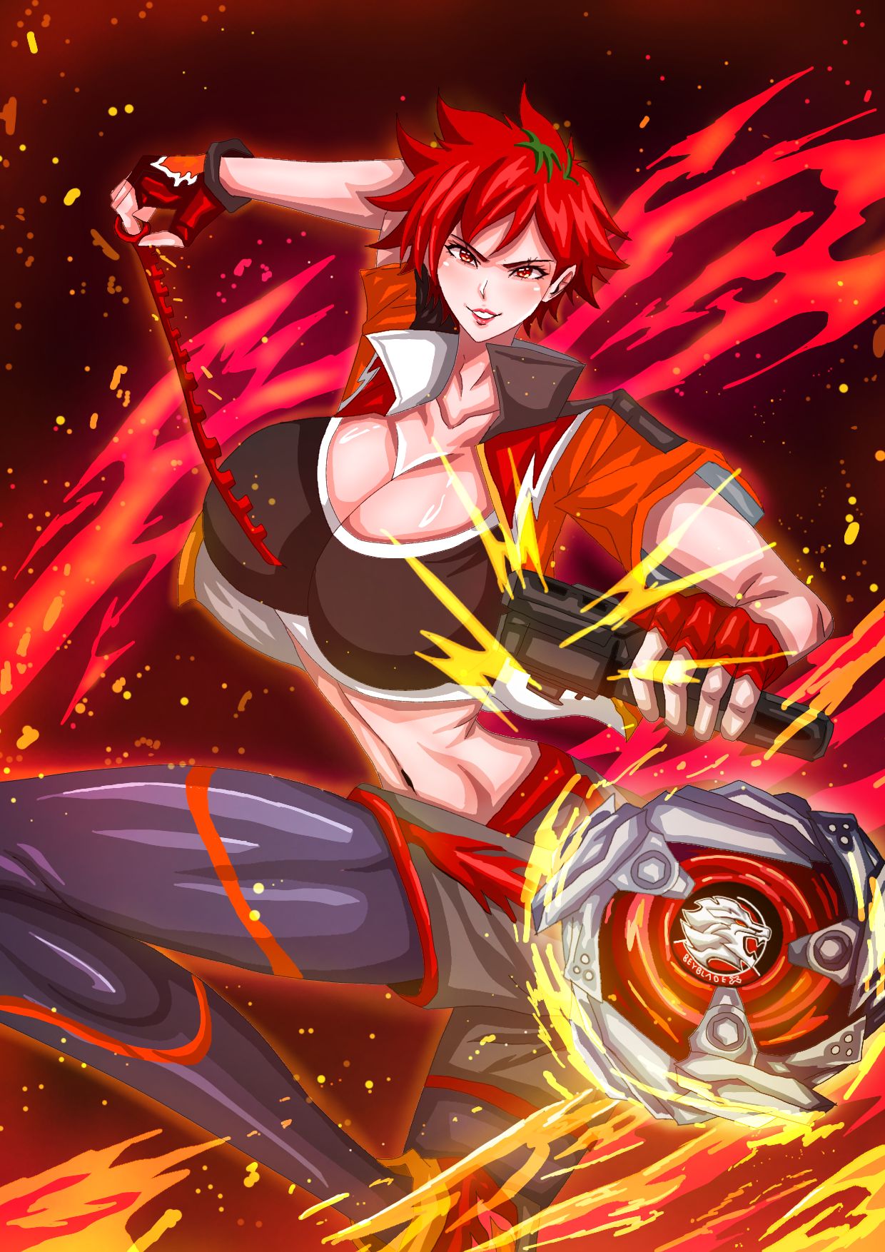 beyblade, beyblade_(object), beyblade_x, black_tank_top, breasts, highres, large_breasts, nekki_ai, red_eyes, red_hair, short_hair, tank_top