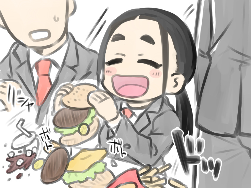 1girl, 2boys, black_hair, burger, burger_malfunction, closed_eyes, cola, faceless, faceless_male, food, french_fries, highres, ishida_(tsubasa_(godbardtsubasa)), multiple_boys, original, ponytail, school_uniform, spill, tsubasa_(godbardtsubasa)