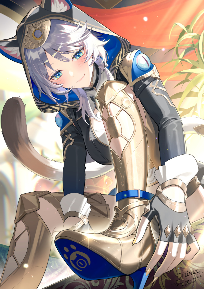 1girl, absurdres, animal_ear_fluff, animal_ears, animal_hood, black_gloves, blue_eyes, boots