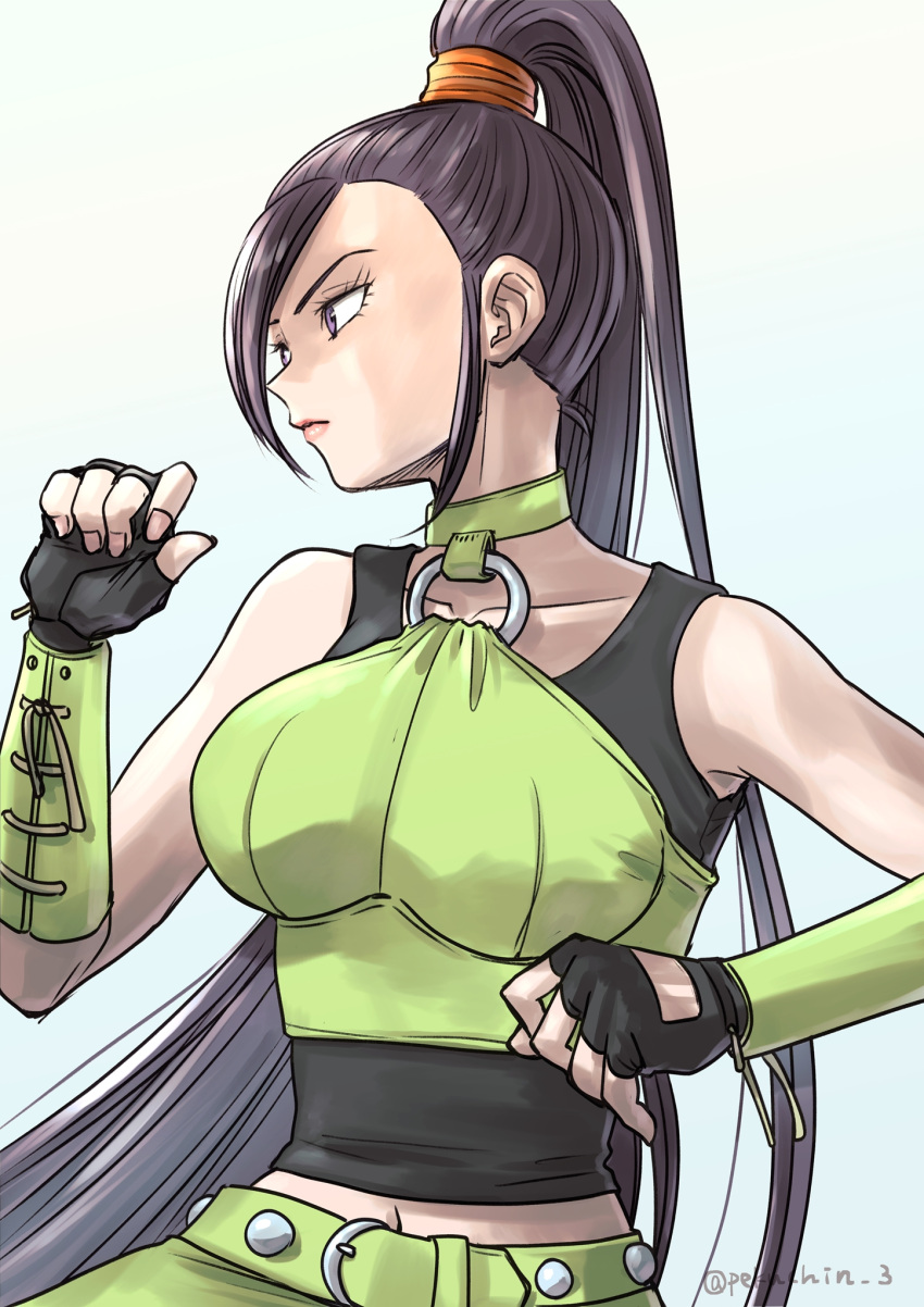 1girl, arm_guards, belt, black_gloves, black_tank_top, breasts, bustier, choker