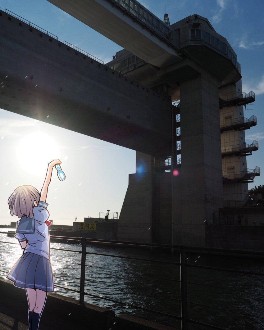 1girl, arm_up, bottle, breasts, bridge, clouds, cloudy_sky, door