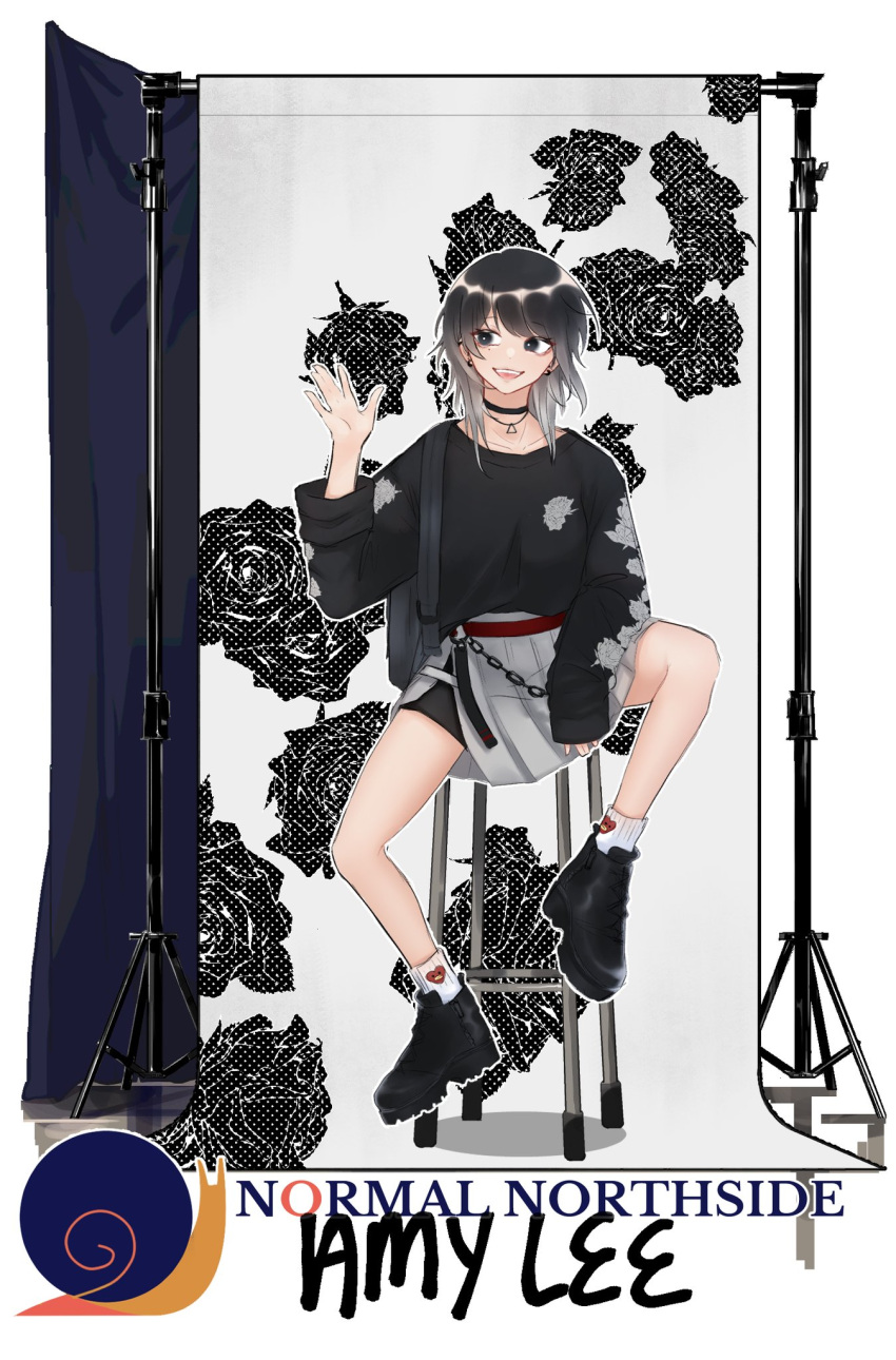 1girl, :d, amy_lee_(geeckek), backdrop, bike_shorts_under_skirt, black_boots, black_choker, black_eyes