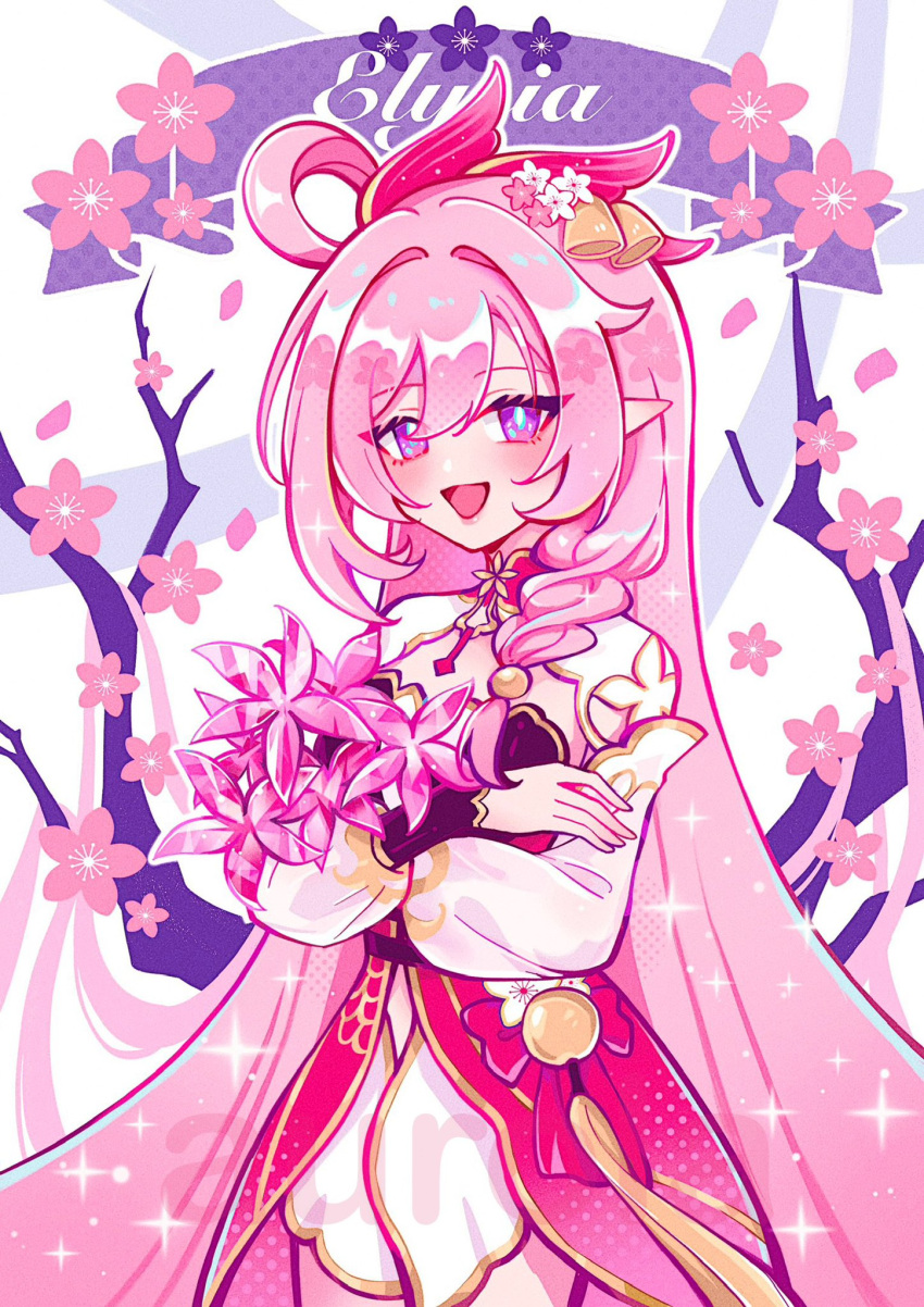 1girl, absurdly_long_hair, aurola030, bell, braid, branch, breasts, character_name, cherry_blossoms, commentary, commission, diamond-shaped_pupils, diamond_(shape), dress, elf, elysia_(herrscher_of_human:_ego)_(honkai_impact), elysia_(honkai_impact), elysia_(peachy_spring)_(honkai_impact), english_commentary, flower, hair_bell, hair_flower, hair_ornament, highres, holding, holding_flower, honkai_(series), honkai_impact_3rd, long_hair, official_alternate_costume, open_mouth, pink_hair, pointy_ears, red_dress, single_braid, smile, solo, symbol-shaped_pupils, very_long_hair, violet_eyes