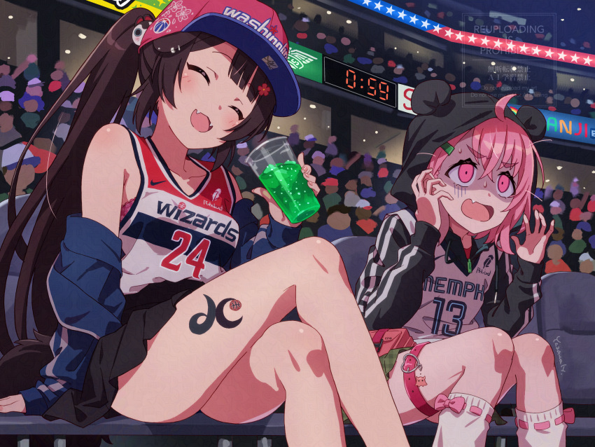 2girls, absurdres, ahoge, alternate_costume, animal_hair_ornament, animal_hood, anime_coloring, audience, bare_shoulders, baseball_cap, basketball_jersey, belt, black_hoodie, black_skirt, blue_jacket, blunt_bangs, blush, bow, bow_legwear, bra, bra_peek, brown_hair, buckle, collarbone, crossed_legs, cup, disposable_cup, drawstring, empty_eyes, fang, fangs, flower_hairpin, gloom_(expression), green_hair_ornament, green_skirt, hair_between_eyes, hair_ornament, hairclip, hat, head_tilt, heart, heart-shaped_buckle, highres, holding, holding_cup, hood, hood_up, hoodie, inui_toko, jacket, layered_clothes, leg_tattoo, logo, long_hair, loose_socks, medium_hair, memphis_grizzlies, messy_hair, miniskirt, multicolored_shirt, multiple_girls, national_basketball_association, nervous_sweating, nijisanji, panda_hood, pink_bow, pink_bra, pink_eyes, pink_hair, plaid_clothes, plaid_skirt, pleated_skirt, red_hat, sanpaku, sasaki_saku, shaded_face, shiny_skin, shirt, side_ponytail, sidelocks, signature, sitting, skirt, sleeveless, sleeveless_shirt, smile, socks, sports_bra_peek, stadium, surprised, sweat, tattoo, thigh_belt, thigh_strap, turn_pale, underwear, v-shaped_eyebrows, virtual_youtuber, washington_wizards, watermark, white_shirt, white_socks, yazawa_happyaro
