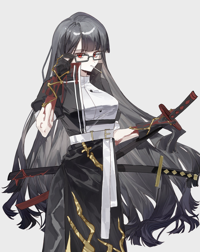 1girl, absurdres, belt, black_coat, black_hair, black_skirt, blood, blood_on_clothes