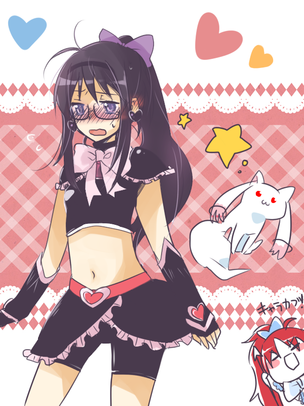 akemi_homura, alternate_hairstyle, bike_shorts, blush, bow, cosplay, cure_black, cure_black_(cosplay)