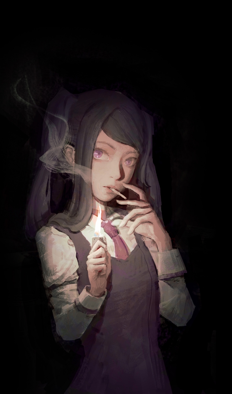 1girl, black_background, cigarette, commentary, highres, holding, holding_lighter, jill_stingray, lajurcookie, lighter, long_hair, necktie, simple_background, smoke, smoke_trail, solo, twintails, va-11_hall-a
