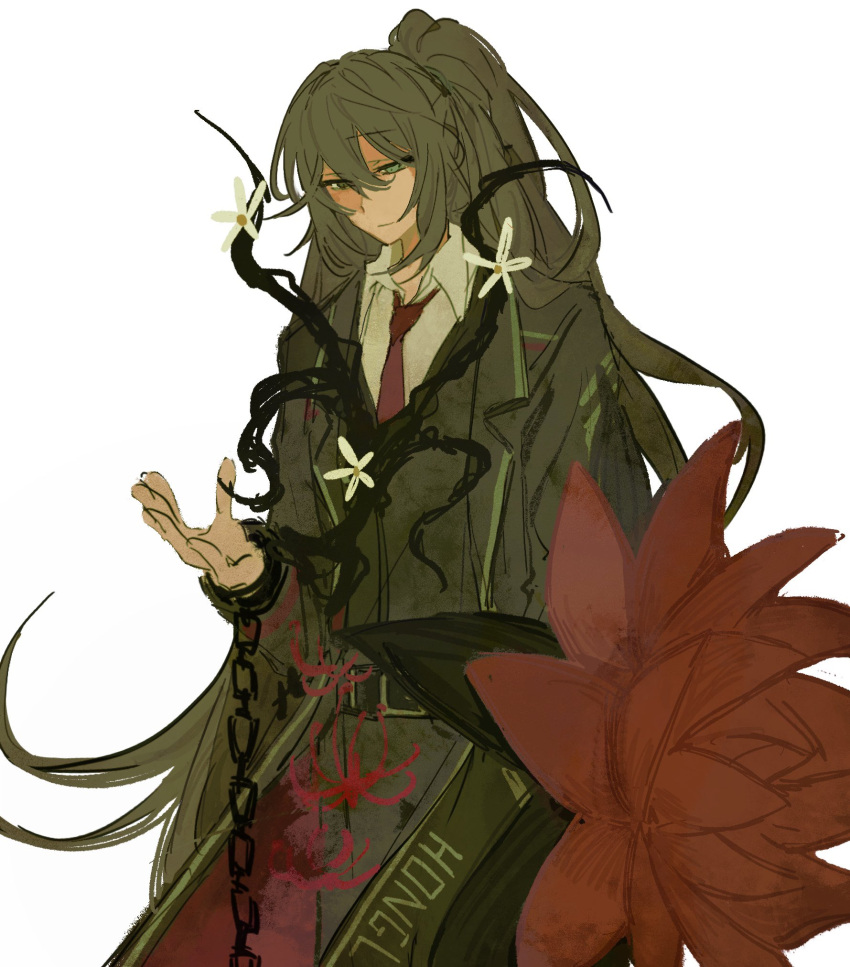 1boy, black_coat, black_eyes, black_hair, black_pants, black_vest, blue_eyes, chain, coat, collared_shirt, flower, heterochromia, high_ponytail, highres, hong_lu_(project_moon), limbus_company, llllao216913, long_hair, long_sleeves, looking_down, male_focus, necktie, pants, plant, ponytail, project_moon, red_flower, red_necktie, red_spider_lily, shirt, simple_background, solo, standing, upper_body, very_long_hair, vest, vines, water_lily_flower, white_background, white_flower, white_shirt