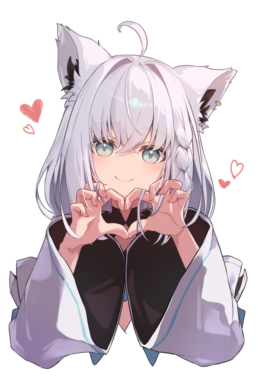 1girl, ahoge, animal_ear_fluff, animal_ear_piercing, animal_ears, annin_oekaki, braid, closed_mouth