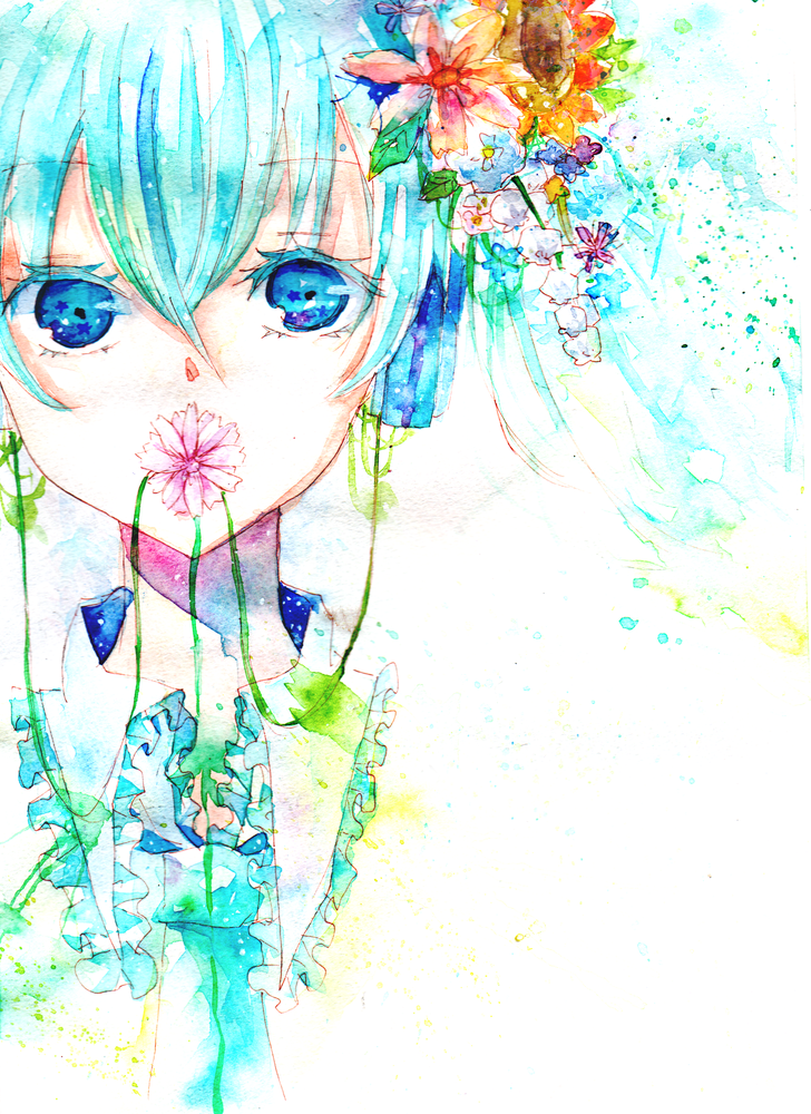 aqua_hair, flower, hair_flower, hair_ornament, hatsune_miku, portrait, shiratsuyu, traditional_media