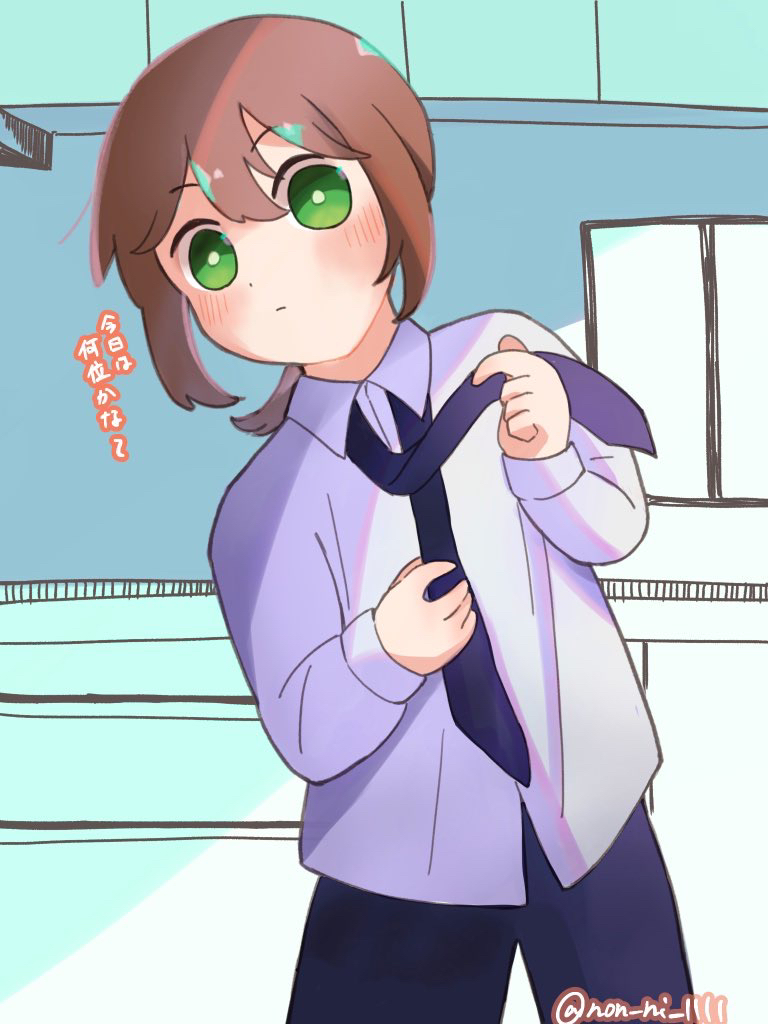 1girl, black_necktie, black_pants, brown_hair, collared_shirt, dot_nose, green_eyes, indoors