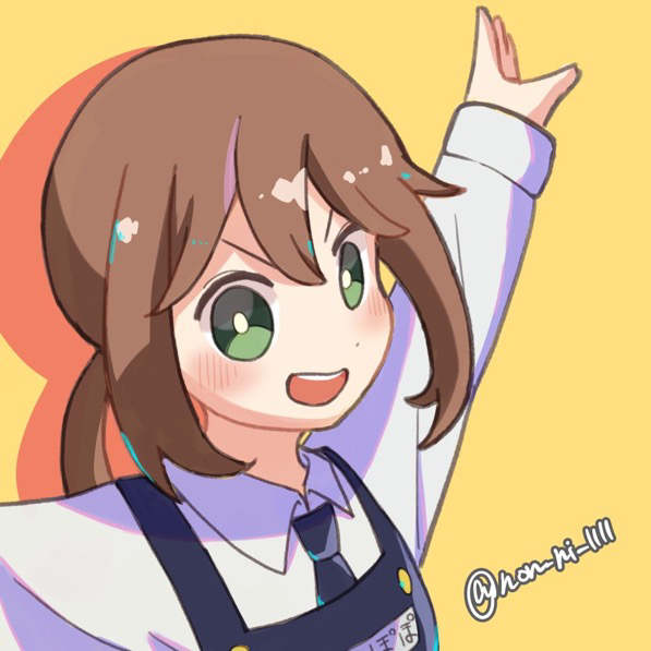 1girl, :d, apron, arms_up, black_apron, black_necktie, brown_hair, collared_shirt