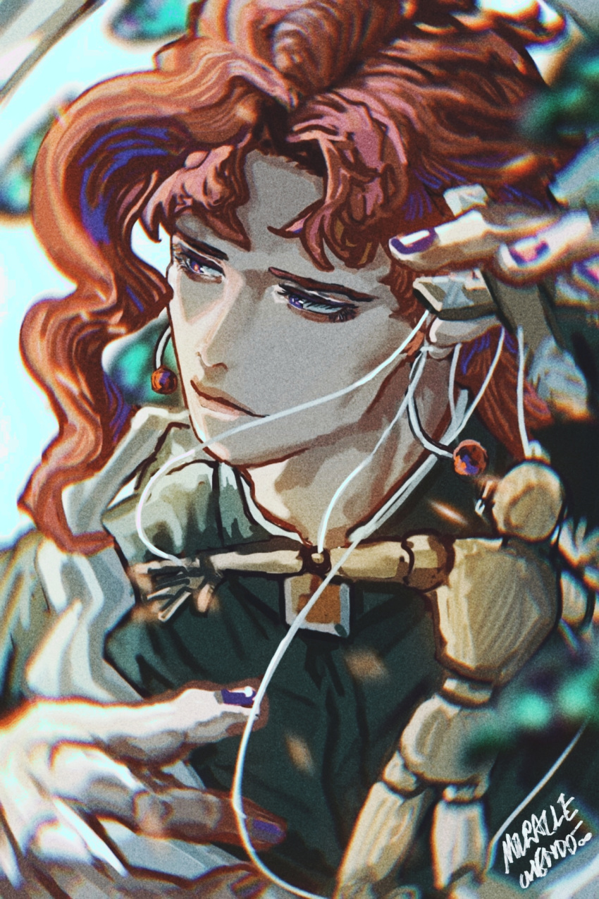 1boy, asymmetrical_bangs, blurry_edges, cherry_earrings, chinese_commentary, earrings, eyelashes, food-themed_earrings, gakuran, highres, holding, jewelry, jojo_no_kimyou_na_bouken, kakyoin_noriaki, looking_to_the_side, male_focus, marionette, medium_hair, puppet, purple_nails, quanmingwu, red_hair, school_uniform, solo, stardust_crusaders, violet_eyes