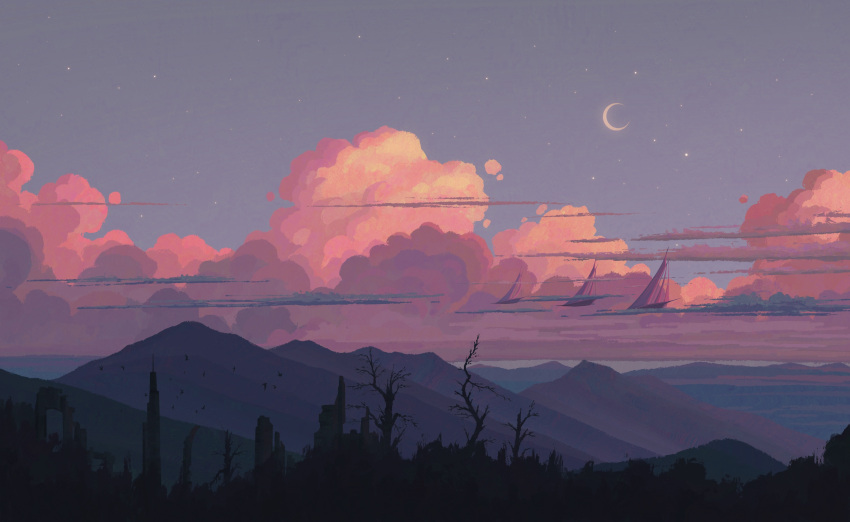 absurdres, aircraft, airship, clouds, cloudy_sky, crescent_moon, fangpeii, highres
