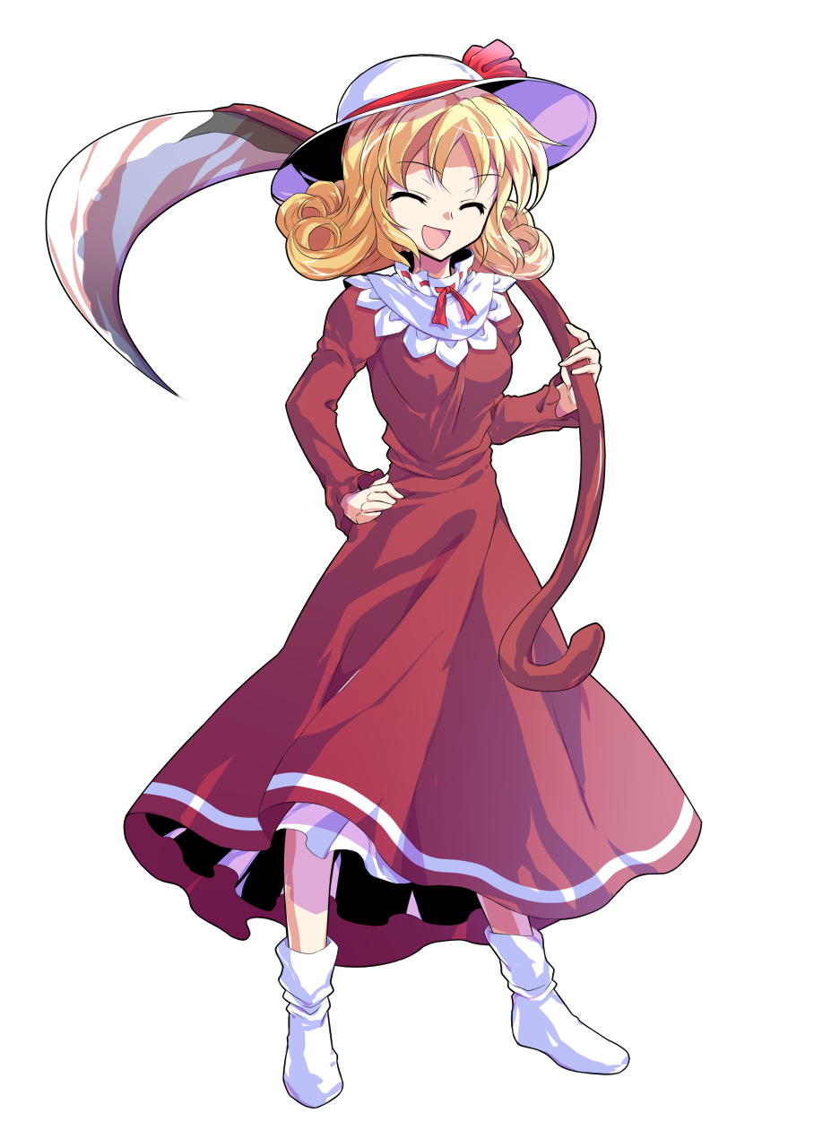 1girl, ^_^, alphes_(style), blonde_hair, boots, breasts, closed_eyes, commentary_request