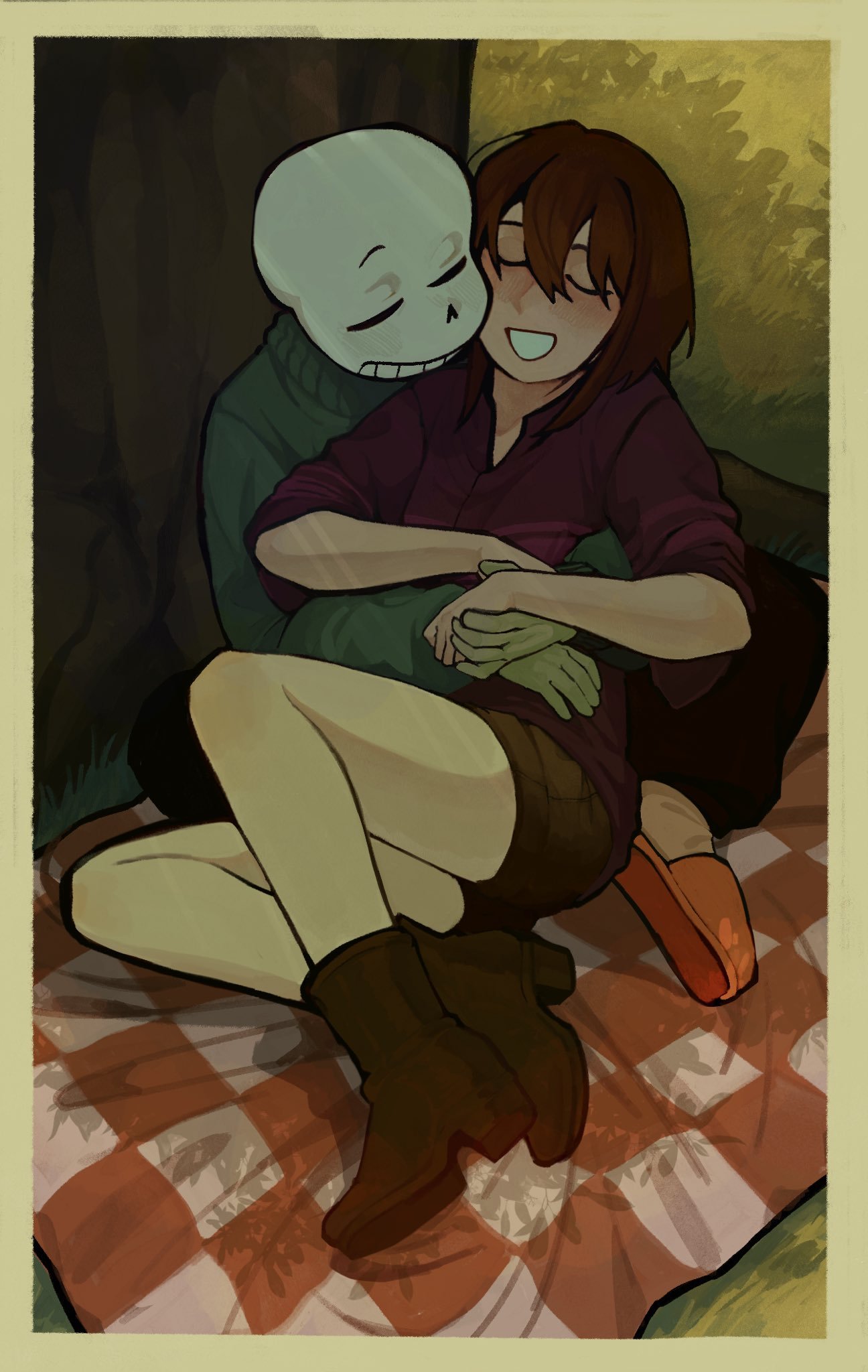 1boy, 1other, against_tree, black_pants, boots, border, brown_boots, brown_hair