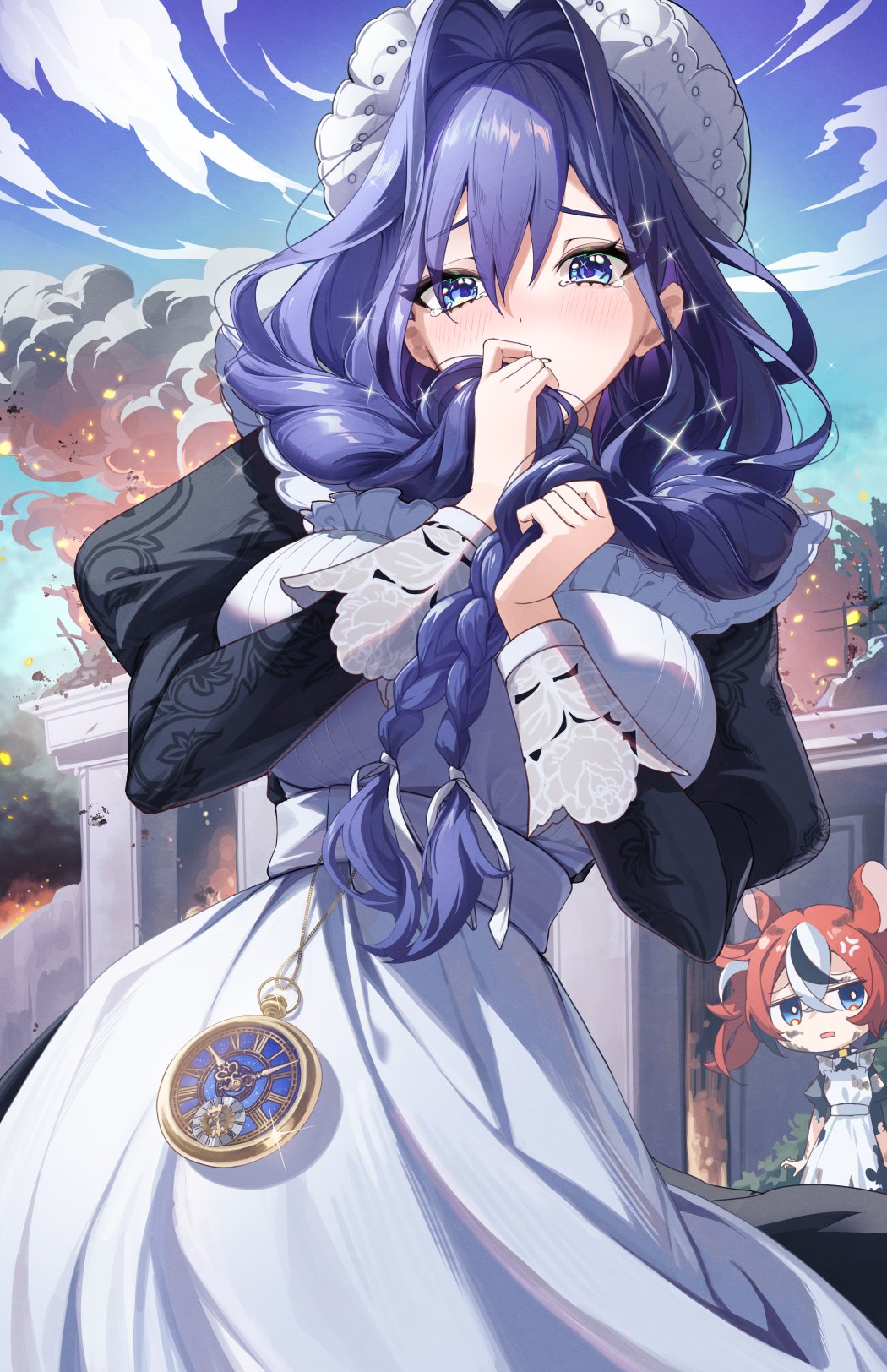 2girls, anger_vein, animal_ears, apron, black_dress, black_hair, blue_eyes, blue_hair