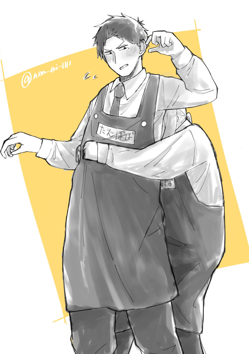 1boy, 1girl, apron, blush, collared_shirt, doug_(youchien_wars), highres, hug, hug_from_behind, kindergarten_teacher, long_bangs, long_sleeves, mole, mole_under_eye, name_tag, necktie, non_ni_1111, rita_(youchien_wars), shirt, twitter_username, two-tone_background, youchien_wars