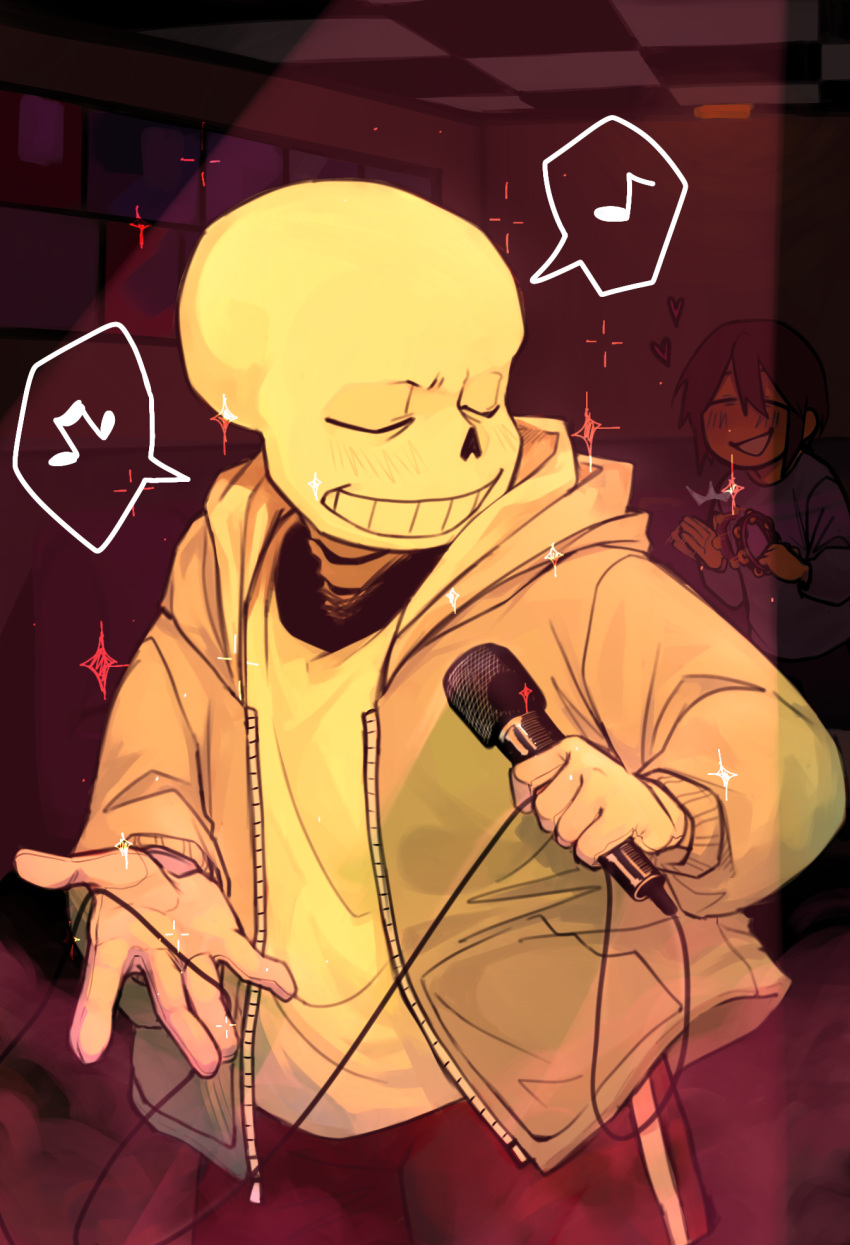 1boy, 1other, black_shorts, blush, checkered_ceiling, closed_eyes, commentary, english_commentary