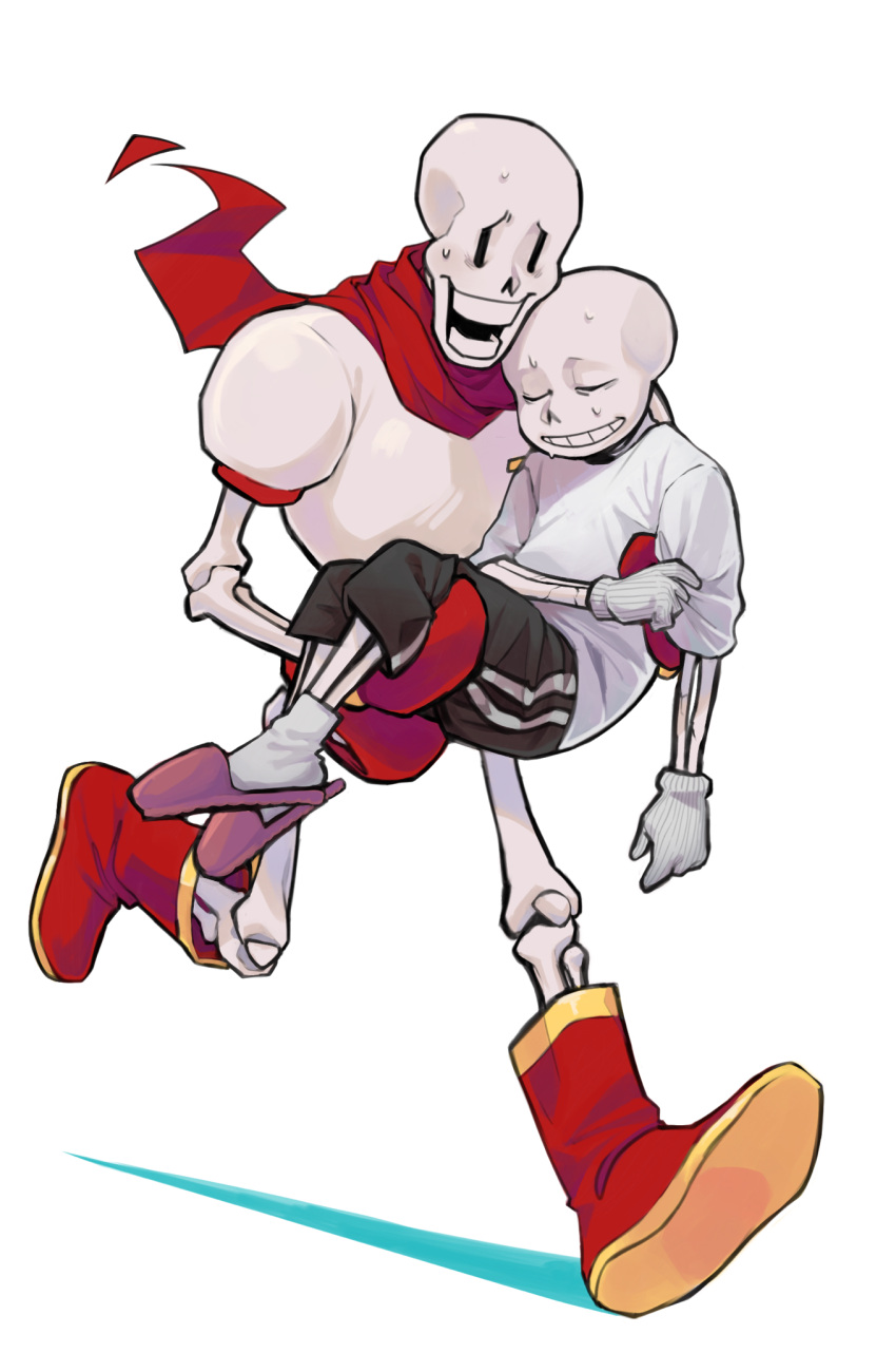 2boys, black_shorts, boots, brothers, carrying, closed_eyes, commission, full_body, gloves, highres, male_focus, minominoks, multiple_boys, papyrus_(undertale), princess_carry, red_boots, red_gloves, red_scarf, running, sans_(undertale), scarf, shirt, shorts, siblings, simple_background, skeleton, sweat, teeth, undertale, white_background, white_gloves, white_shirt