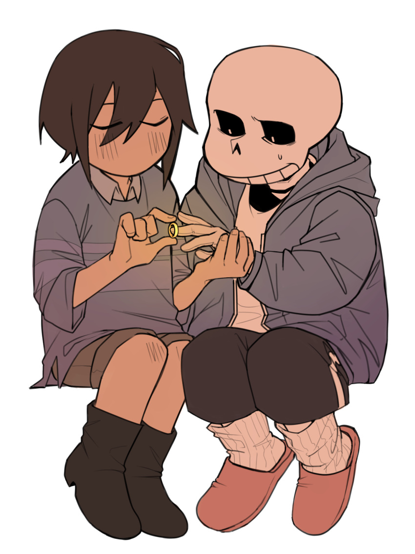 1boy, 1other, black_boots, black_shorts, blue_jacket, blush, boots, brown_hair