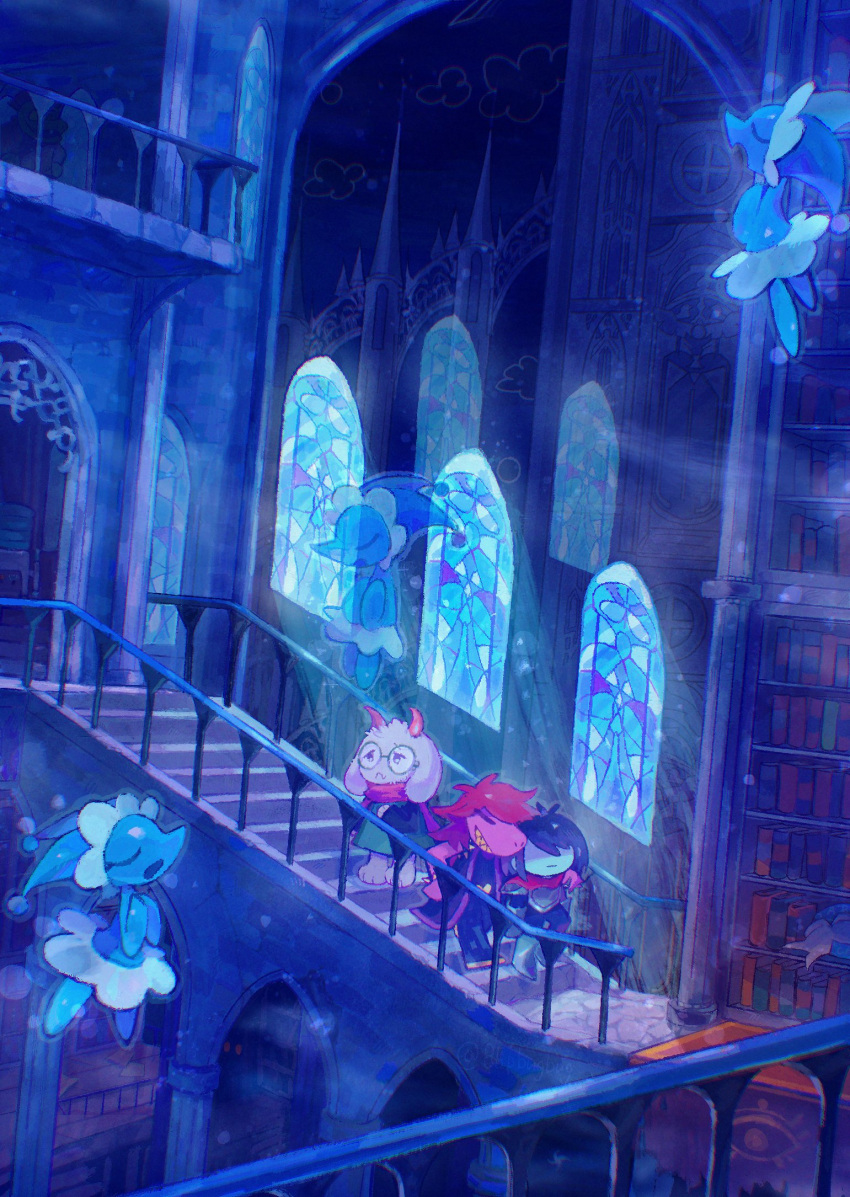 1boy, 1girl, 5others, bibliox_(deltarune), blipbugbug, blue_skin, closed_eyes, colored_skin