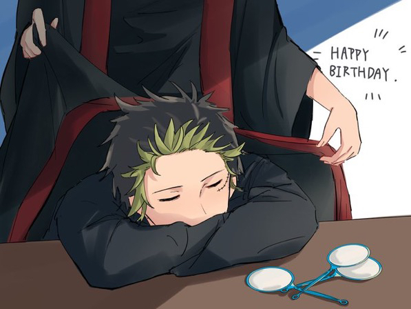 2boys, arms_on_table, black_happi, brothers, green_hair, happi, happy_birthday, head_on_table