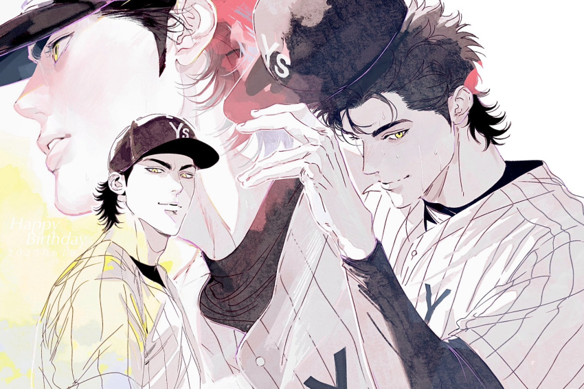 1boy, ace_of_diamond, baseball_cap, baseball_uniform, black_hair, closed_mouth, emldcsimnb52424, from_side, happy_birthday, hat, highres, light_smile, lips, looking_at_viewer, male_focus, nose, sanada_shunpei, short_hair, simple_background, solo, sportswear, teeth, upper_body, white_background, yellow_eyes