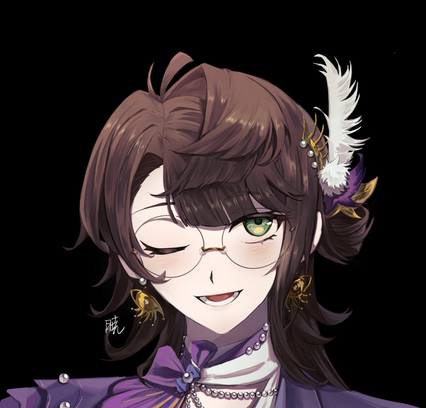 1girl, ;d, akina_(akatsuki1218000), black_background, brown_hair, coat, earrings, feather_hair_ornament