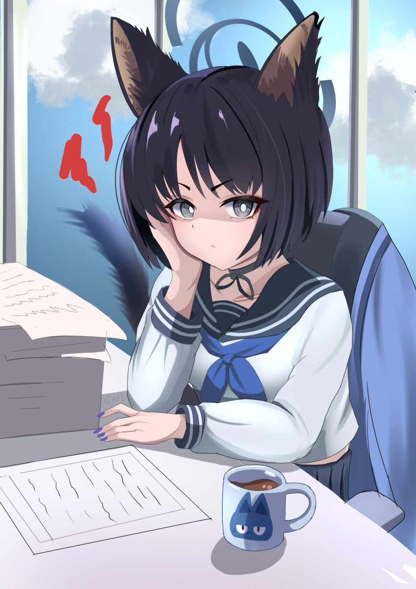 1girl, animal_ears, animal_print, black_eyes, black_hair, black_sailor_collar, blue_archive, blue_neckerchief, cat_ears, cat_girl, cat_print, cat_tail, cup, desk, halo, hands_on_own_face, highres, japanese_clothes, kikyou_(blue_archive), long_sleeves, looking_at_viewer, mug, neckerchief, paper, sailor_collar, san_f, school_desk, school_uniform, serafuku, shirt, short_hair, simple_background, skirt, solo, tail, window