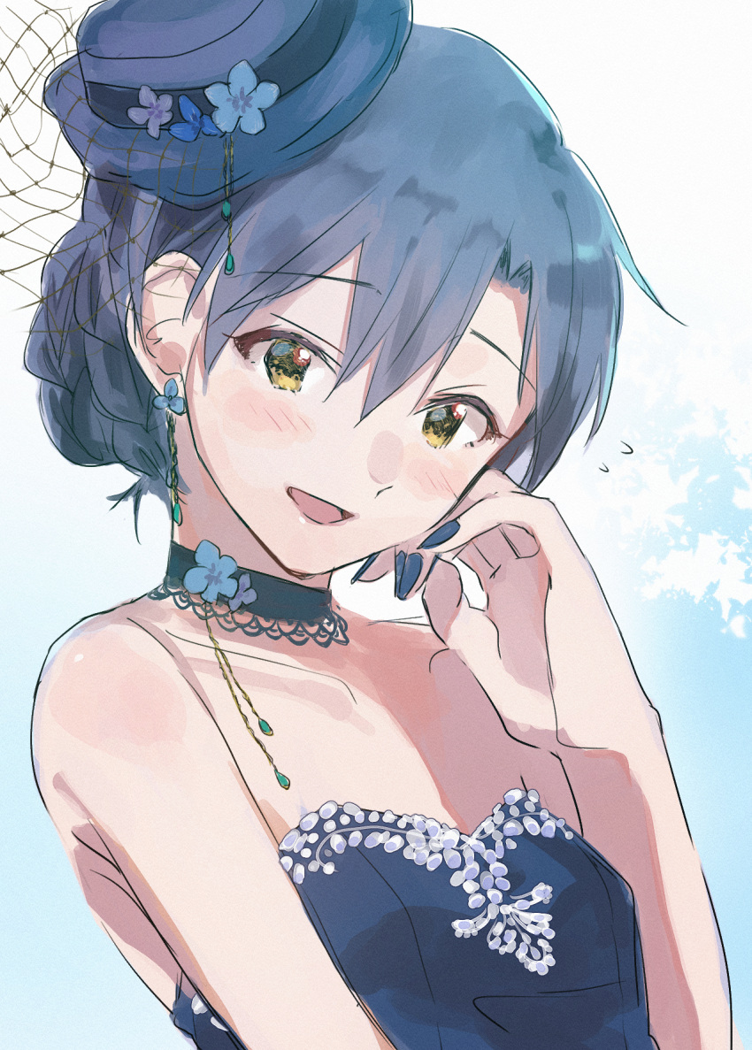 1girl, bare_shoulders, blue_eyes, blue_hair, blue_hat, blue_nails, blush, braid