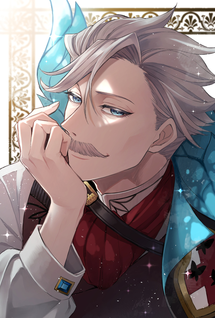 1boy, ascot, blue_eyes, brown_vest, commentary_request, facial_hair, fate/grand_order, fate_(series), frontierpax, grey_hair, hand_on_own_face, hand_up, highres, james_moriarty_(archer)_(fate), looking_at_viewer, male_focus, mature_male, mustache, red_ascot, shirt, signature, smile, solo, sparkle, upper_body, vest, white_shirt