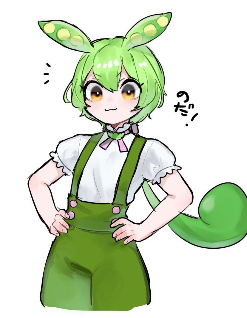 1girl, :3, closed_mouth, commentary_request, cowboy_shot, green_hair, green_shorts, hands_on_own_hips