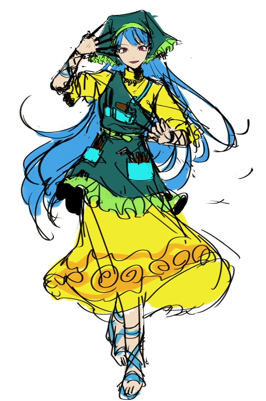 1girl, absurdres, apron, between_fingers, blue_hair, blue_sandals, commentary_request, dress