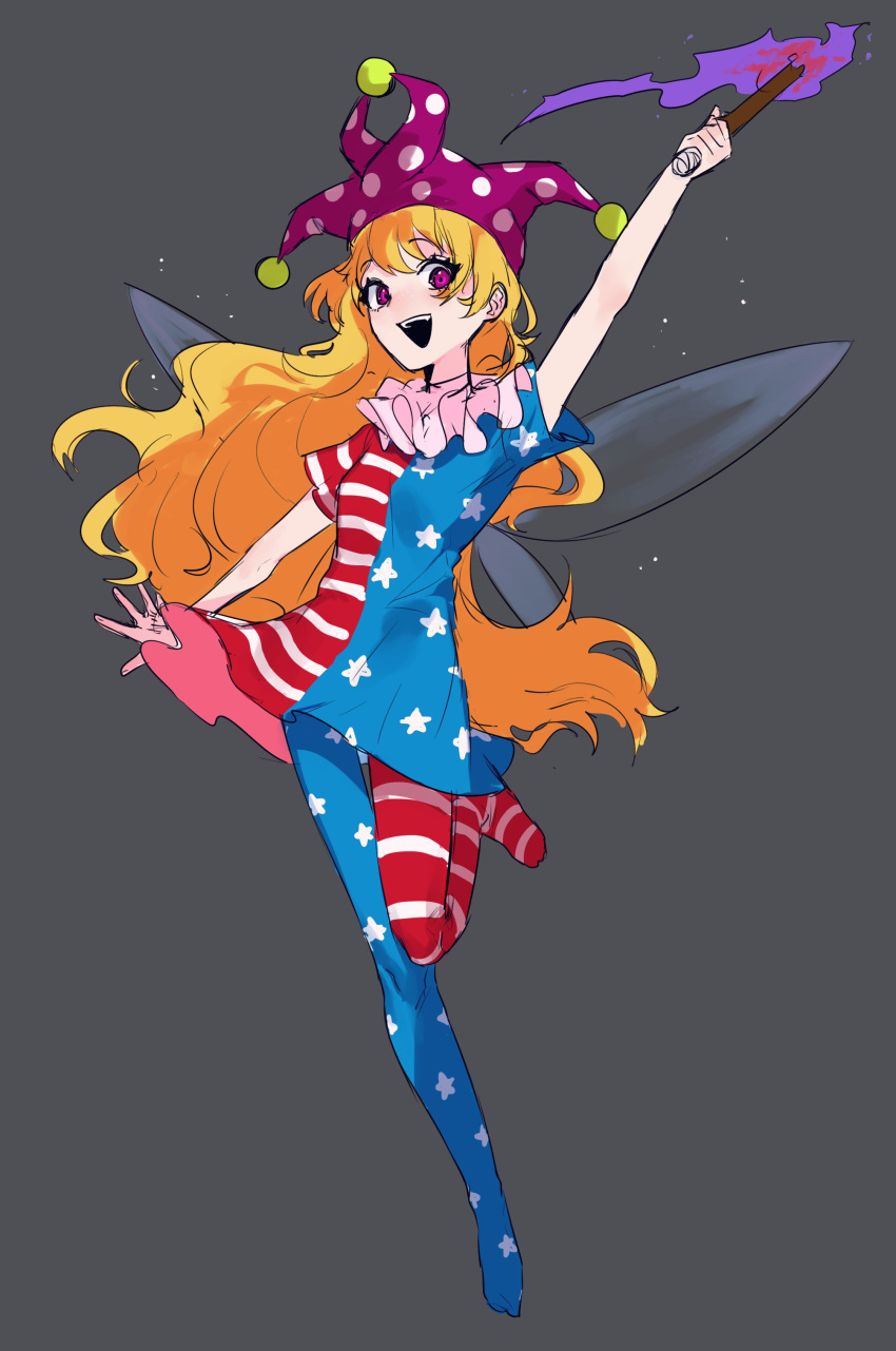 1girl, absurdres, american_flag, american_flag_dress, american_flag_legwear, arm_up, blonde_hair, clownpiece, commentary_request, dress, fairy_wings, fire, full_body, grey_background, grey_wings, hat, highres, holding, holding_torch, jester_cap, long_hair, looking_at_viewer, morinopome2, neck_ruff, no_shoes, open_mouth, pantyhose, polka_dot_hat, purple_fire, purple_hat, simple_background, smile, solo, star_(symbol), star_print, striped_clothes, striped_dress, striped_pantyhose, torch, touhou, very_long_hair, wings