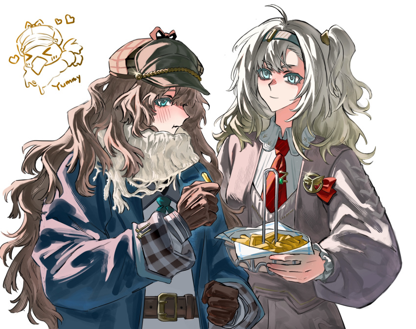 2girls, absurdres, belt, bird, blue_coat, blue_eyes, blue_hairband, blue_neckerchief